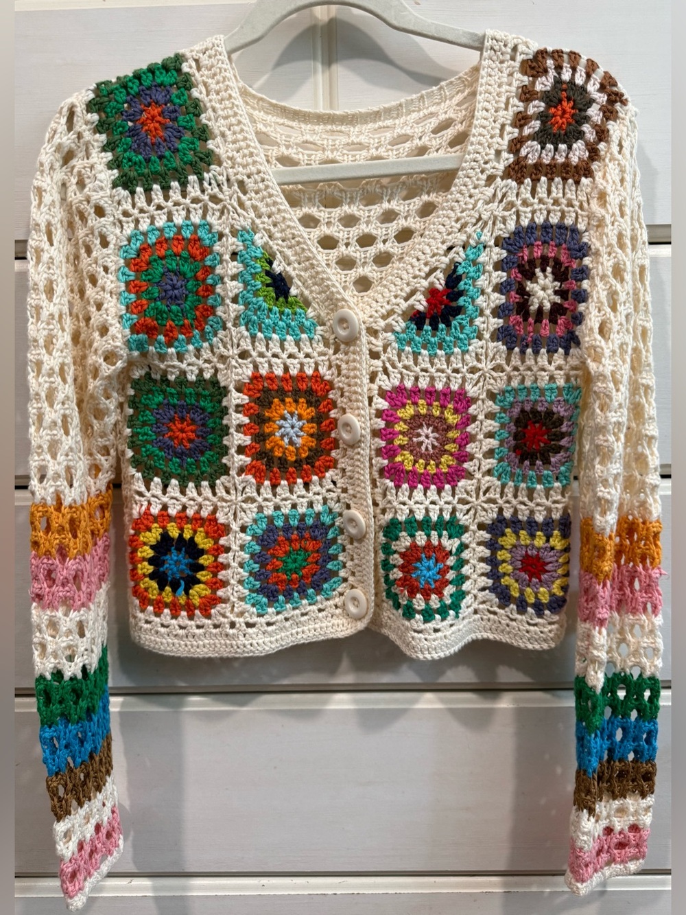 Women Crocheted Multicolor Granny Square Button Cardigan Sweater - Cream sz M